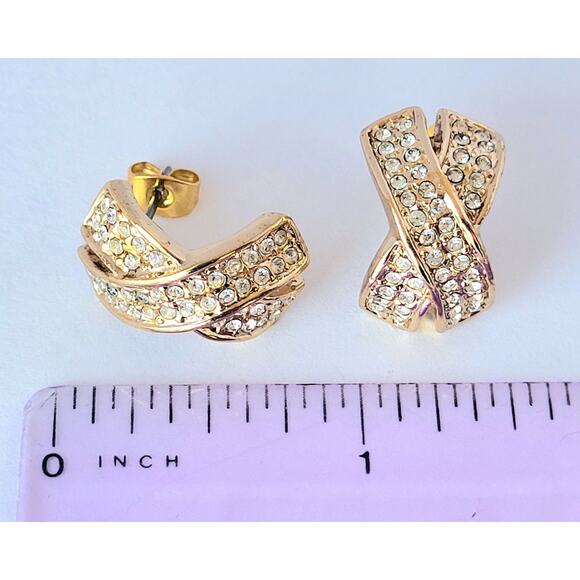 Roman Crossover X Faux Diamond Earrings Signed Vintage Gold Tone Pierced - Picture 4 of 7